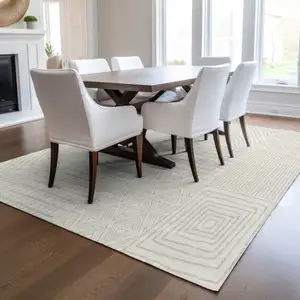 Photo of Ivory And Beige Geometric Washable Indoor Outdoor Area Rug