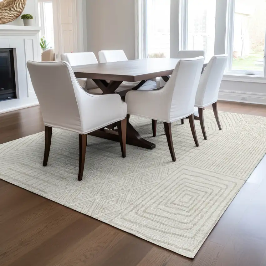 Ivory And Beige Geometric Washable Indoor Outdoor Area Rug Photo 9