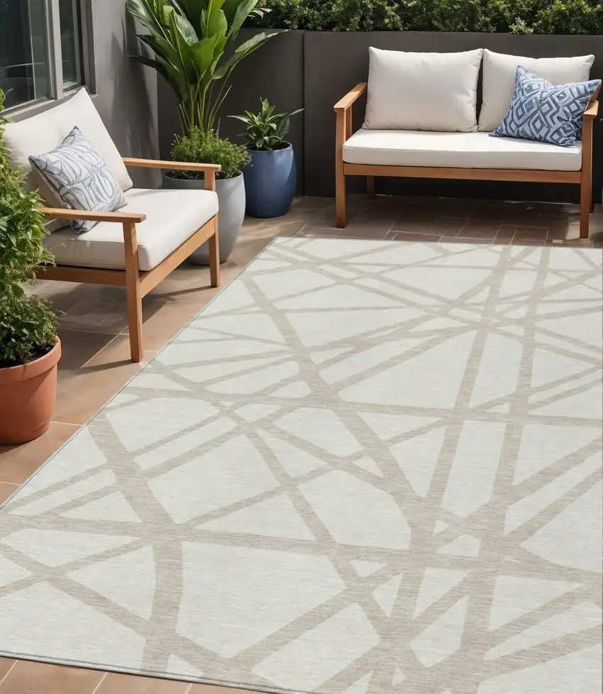 Ivory And Beige Geometric Washable Indoor Outdoor Area Rug Photo 1
