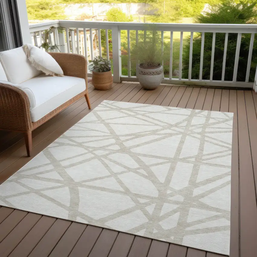 Ivory And Beige Geometric Washable Indoor Outdoor Area Rug Photo 8