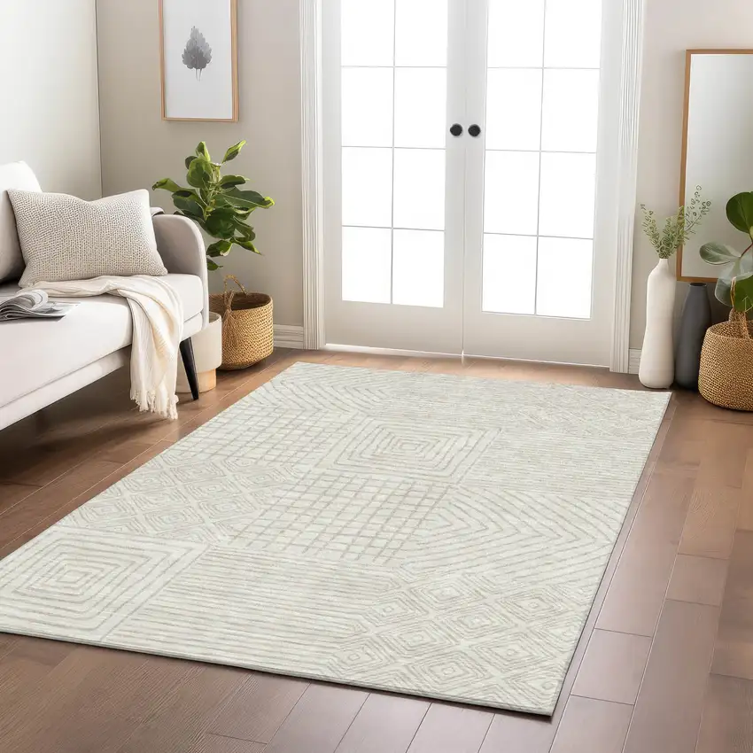 Ivory And Beige Geometric Washable Indoor Outdoor Area Rug Photo 9