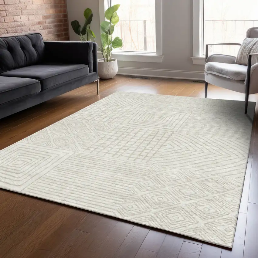 Ivory And Beige Geometric Washable Indoor Outdoor Area Rug Photo 8
