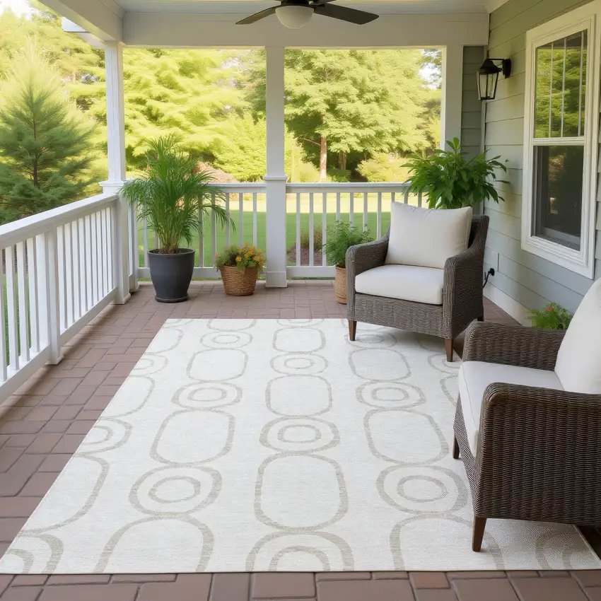 Ivory And Beige Geometric Washable Indoor Outdoor Area Rug Photo 9