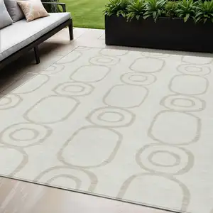 Photo of Ivory And Beige Geometric Washable Indoor Outdoor Area Rug