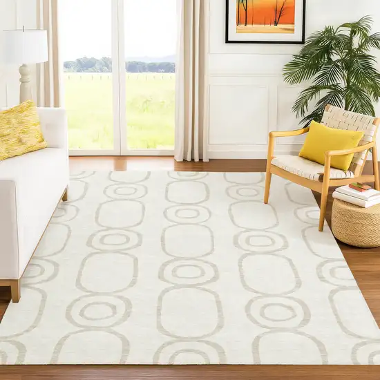 Ivory And Beige Geometric Washable Indoor Outdoor Area Rug Photo 8