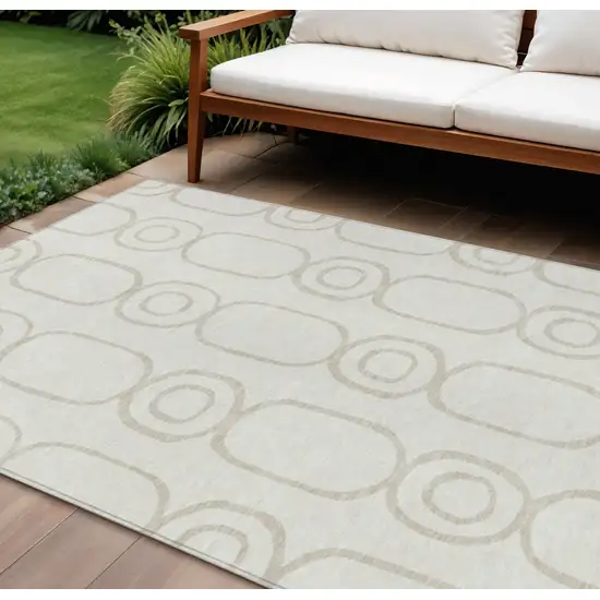 Ivory And Beige Geometric Washable Indoor Outdoor Area Rug Photo 1