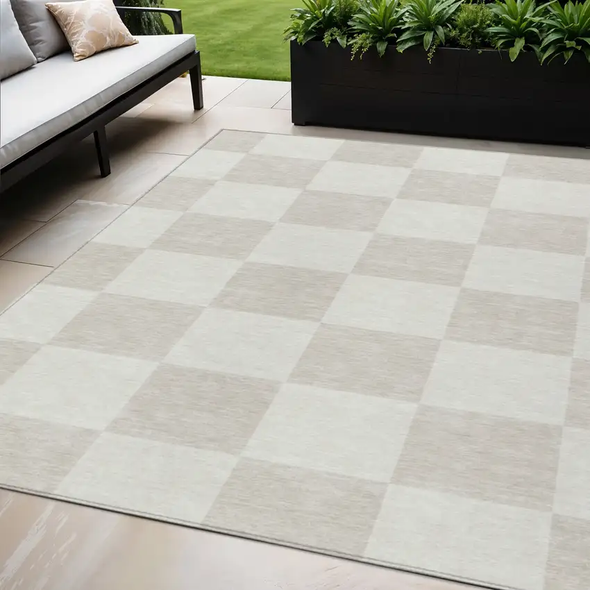 Ivory And Beige Geometric Washable Indoor Outdoor Area Rug Photo 1