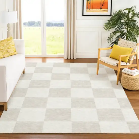 Ivory And Beige Geometric Washable Indoor Outdoor Area Rug Photo 9