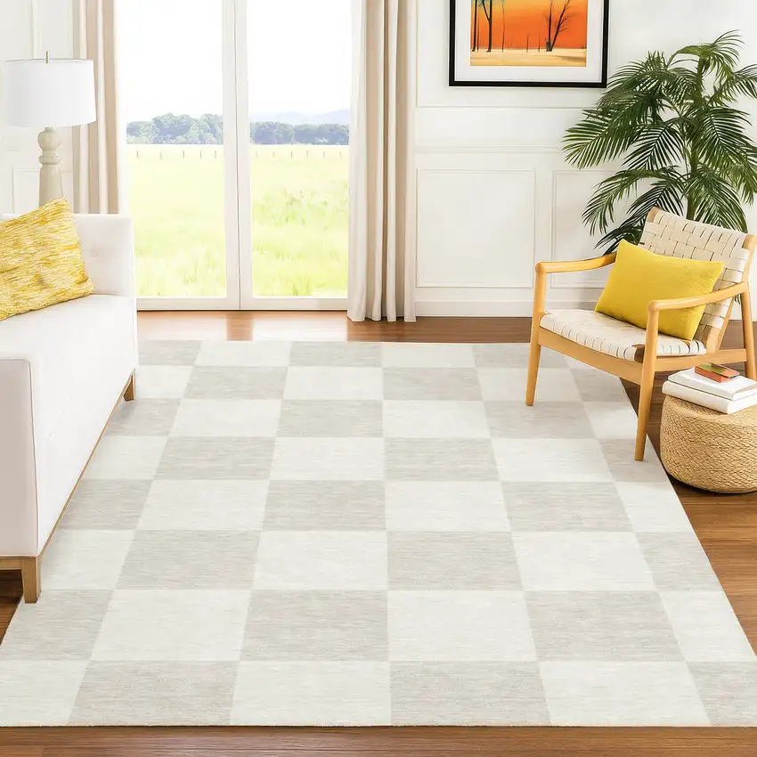 Ivory And Beige Geometric Washable Indoor Outdoor Area Rug Photo 9
