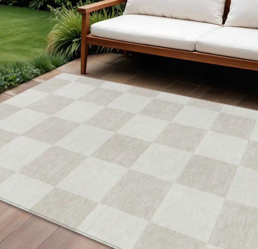 Ivory And Beige Geometric Washable Indoor Outdoor Area Rug Photo 1