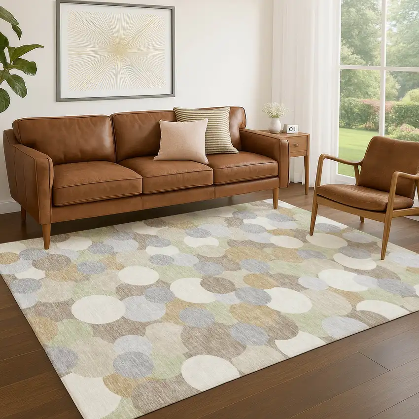 Ivory And Beige Geometric Washable Indoor Outdoor Area Rug Photo 5