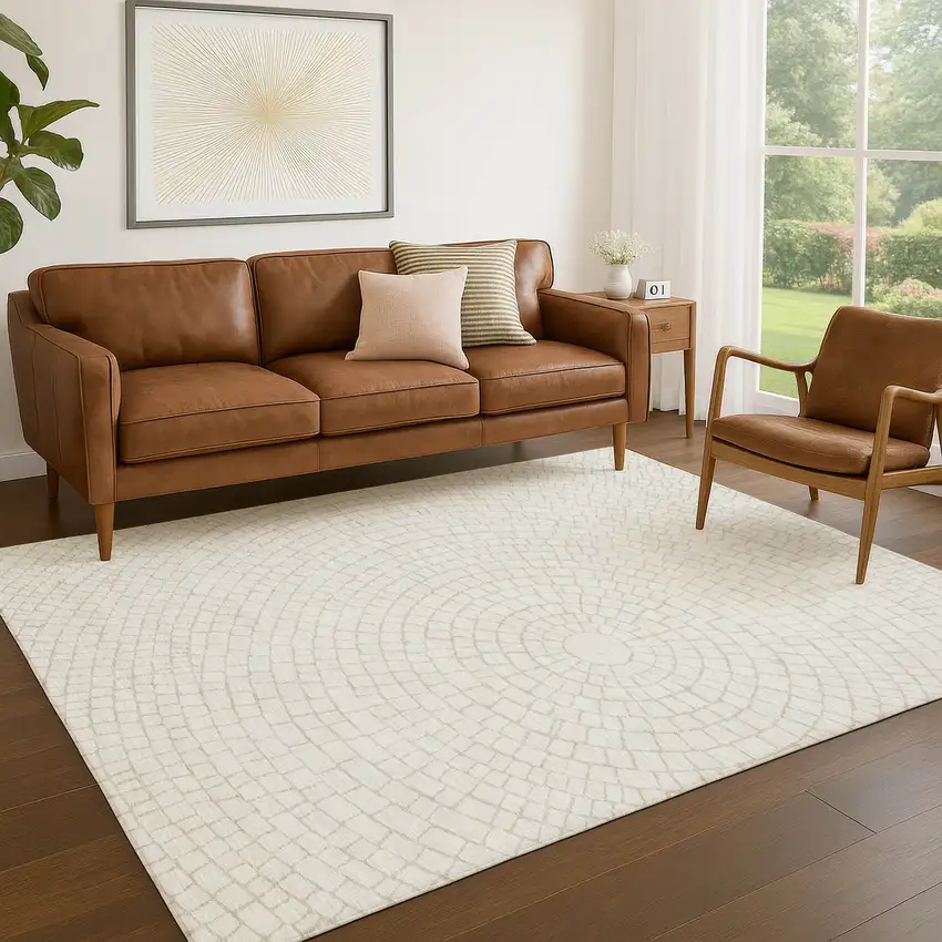 Ivory And Beige Geometric Washable Indoor Outdoor Area Rug Photo 5