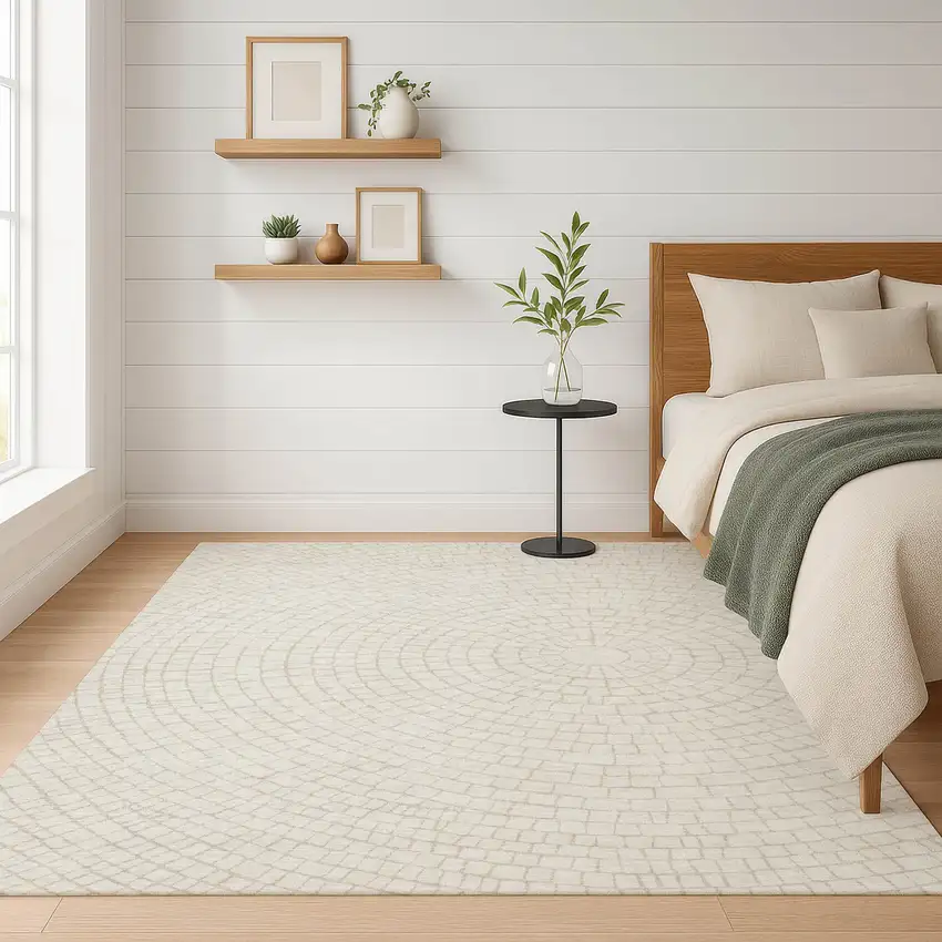 Ivory And Beige Geometric Washable Indoor Outdoor Area Rug Photo 6
