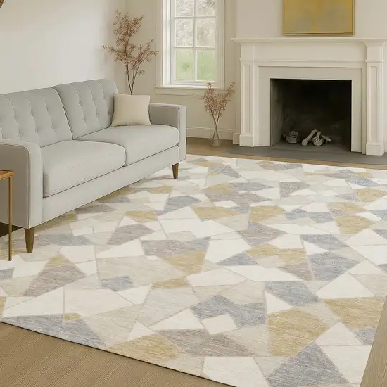 Ivory And Beige Geometric Washable Indoor Outdoor Area Rug Photo 6