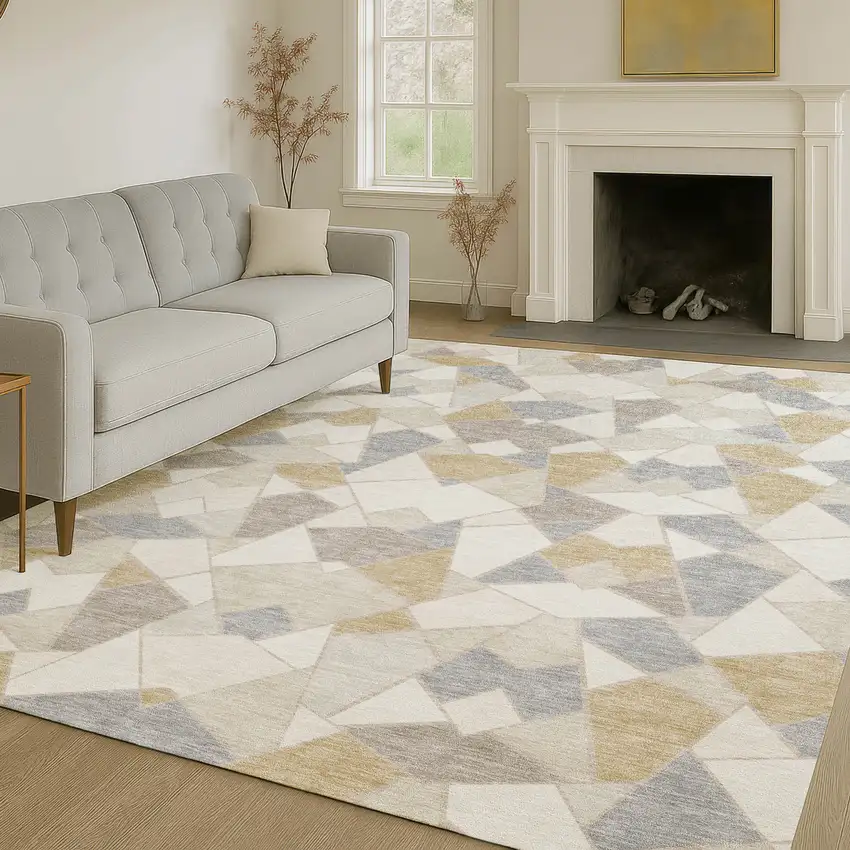 Ivory And Beige Geometric Washable Indoor Outdoor Area Rug Photo 6