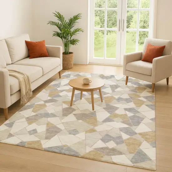 Ivory And Beige Geometric Washable Indoor Outdoor Area Rug Photo 5