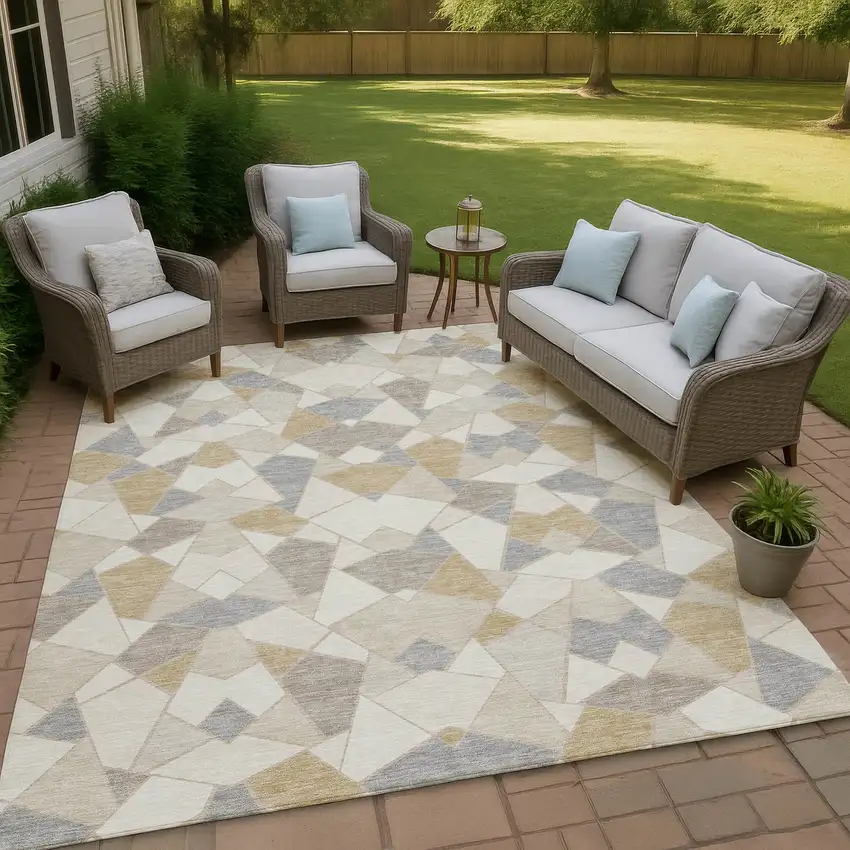 Ivory And Beige Geometric Washable Indoor Outdoor Area Rug Photo 4