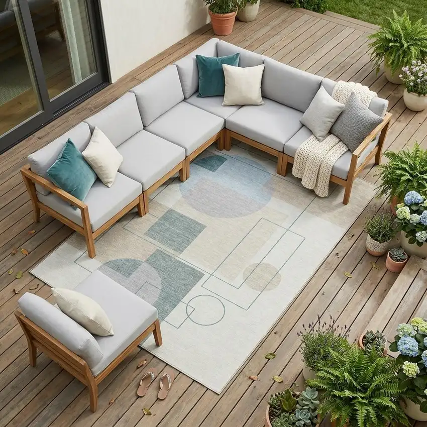 Ivory And Beige Geometric Washable Indoor Outdoor Area Rug Photo 1