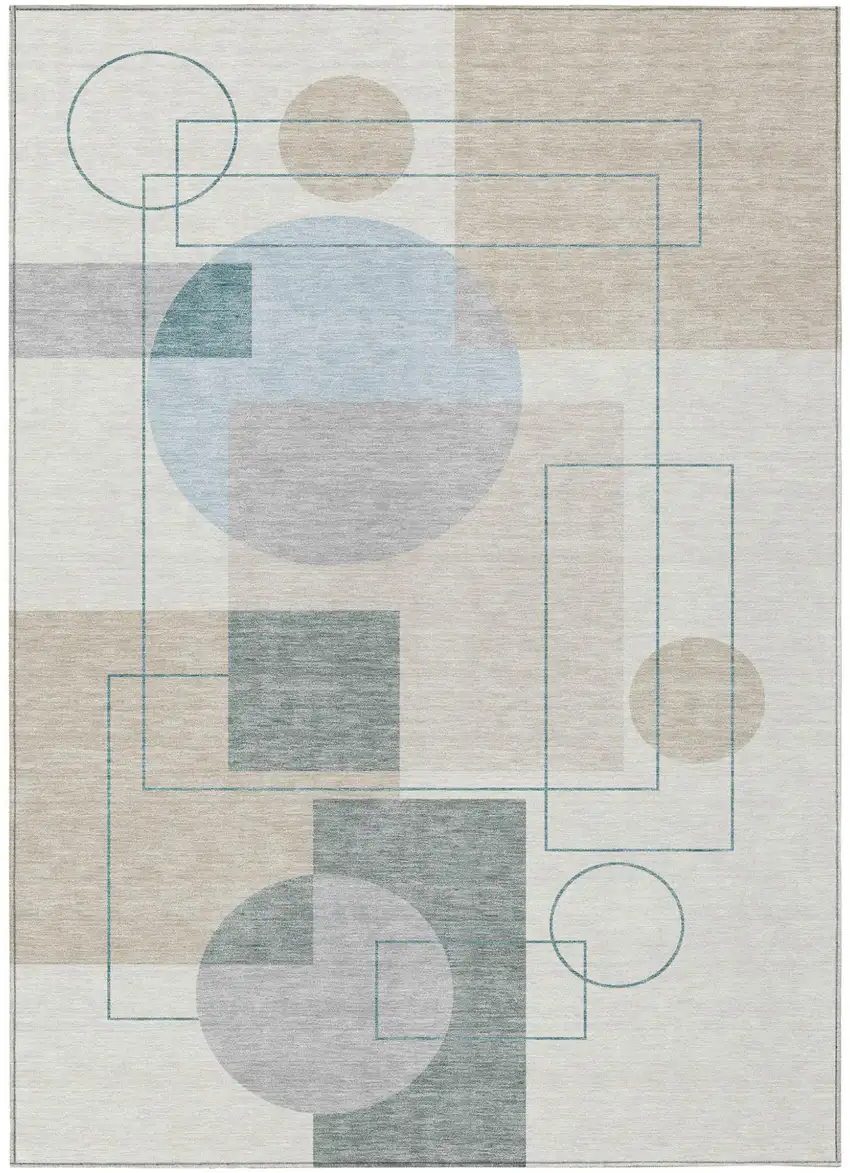 Ivory And Beige Geometric Washable Indoor Outdoor Area Rug Photo 2