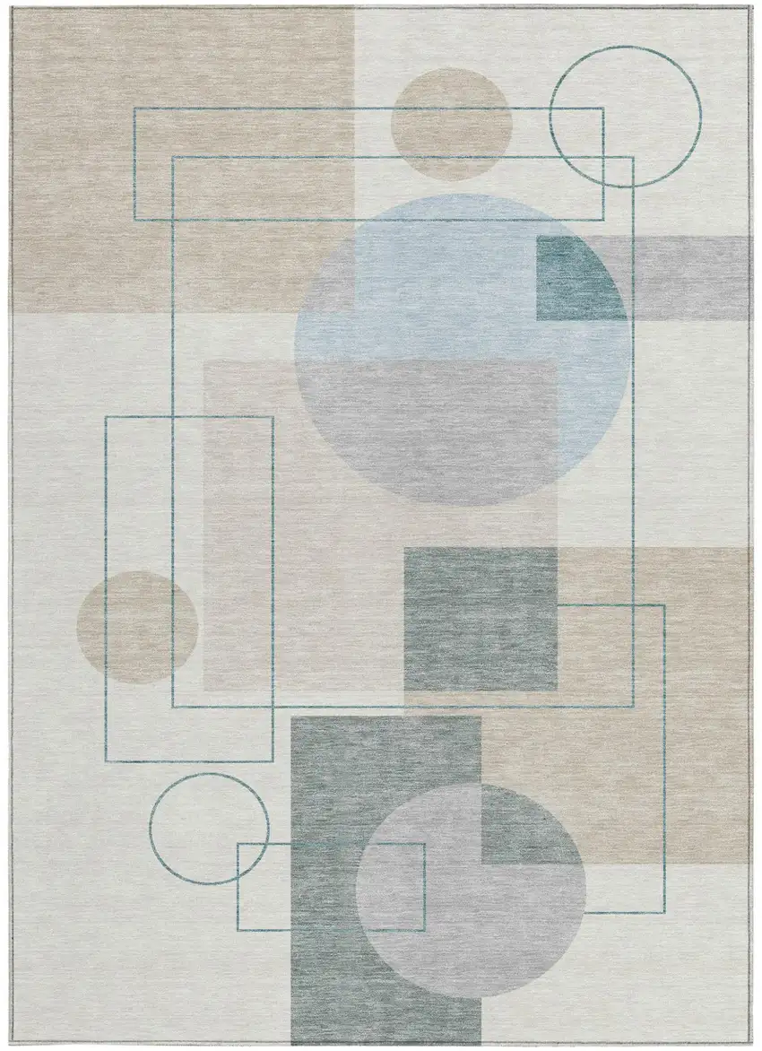 Ivory And Beige Geometric Washable Indoor Outdoor Area Rug Photo 4