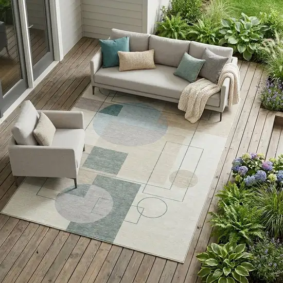 Ivory And Beige Geometric Washable Indoor Outdoor Area Rug Photo 1