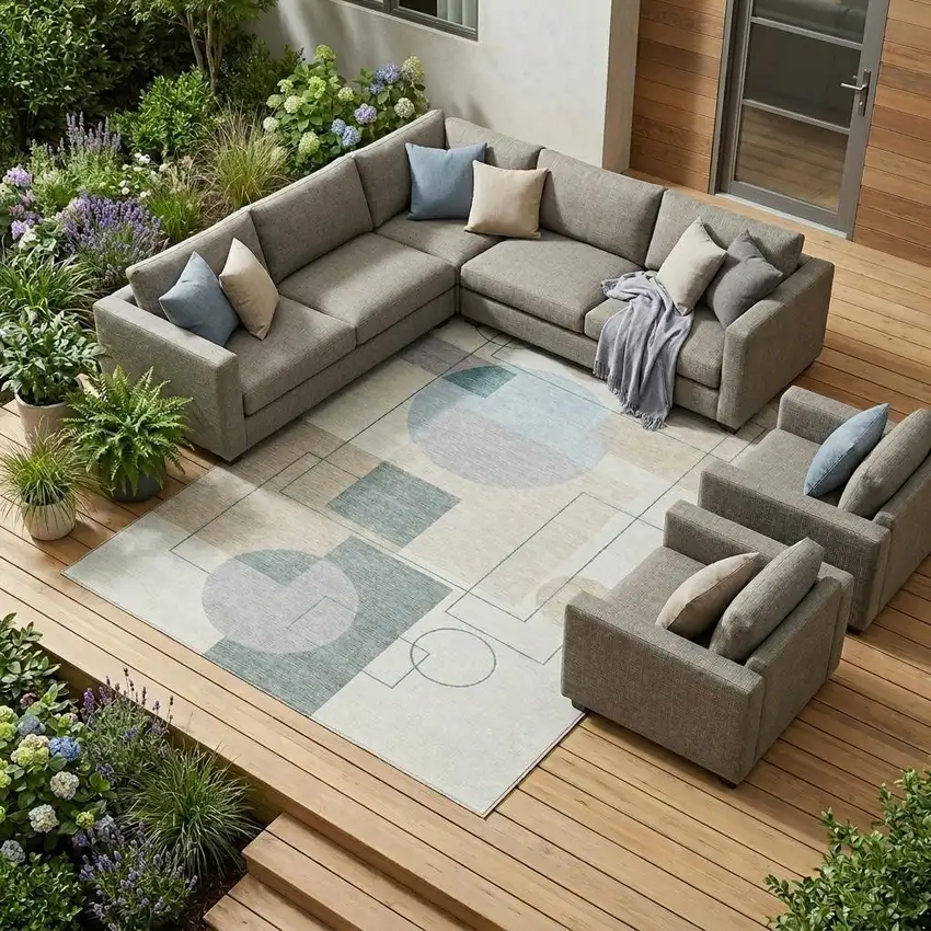 Ivory And Beige Geometric Washable Indoor Outdoor Area Rug Photo 1