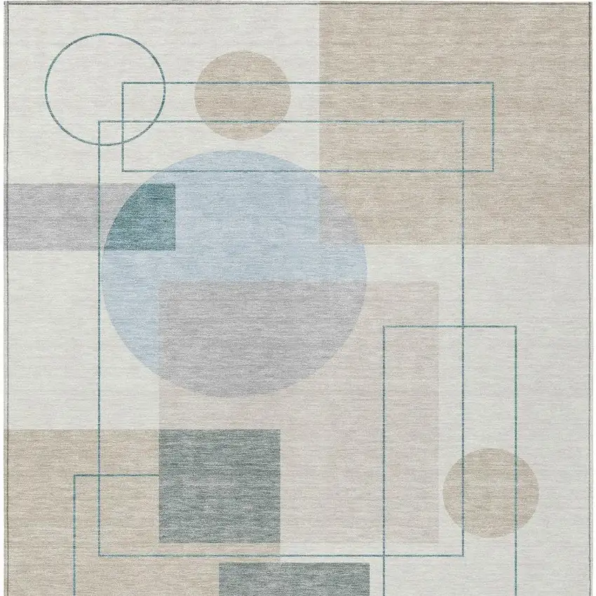 Ivory And Beige Geometric Washable Indoor Outdoor Area Rug Photo 4