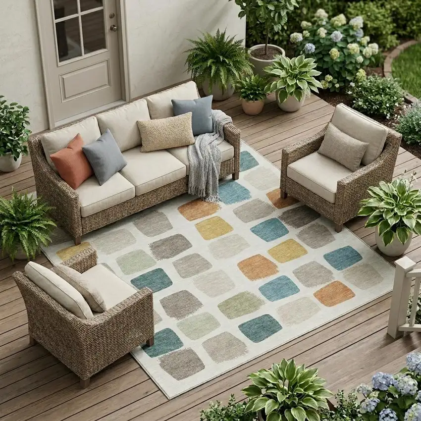 Ivory And Beige Geometric Washable Indoor Outdoor Area Rug Photo 1