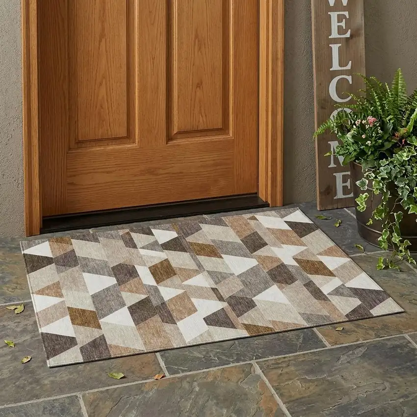 Ivory And Beige Geometric Washable Indoor Outdoor Area Rug Photo 1