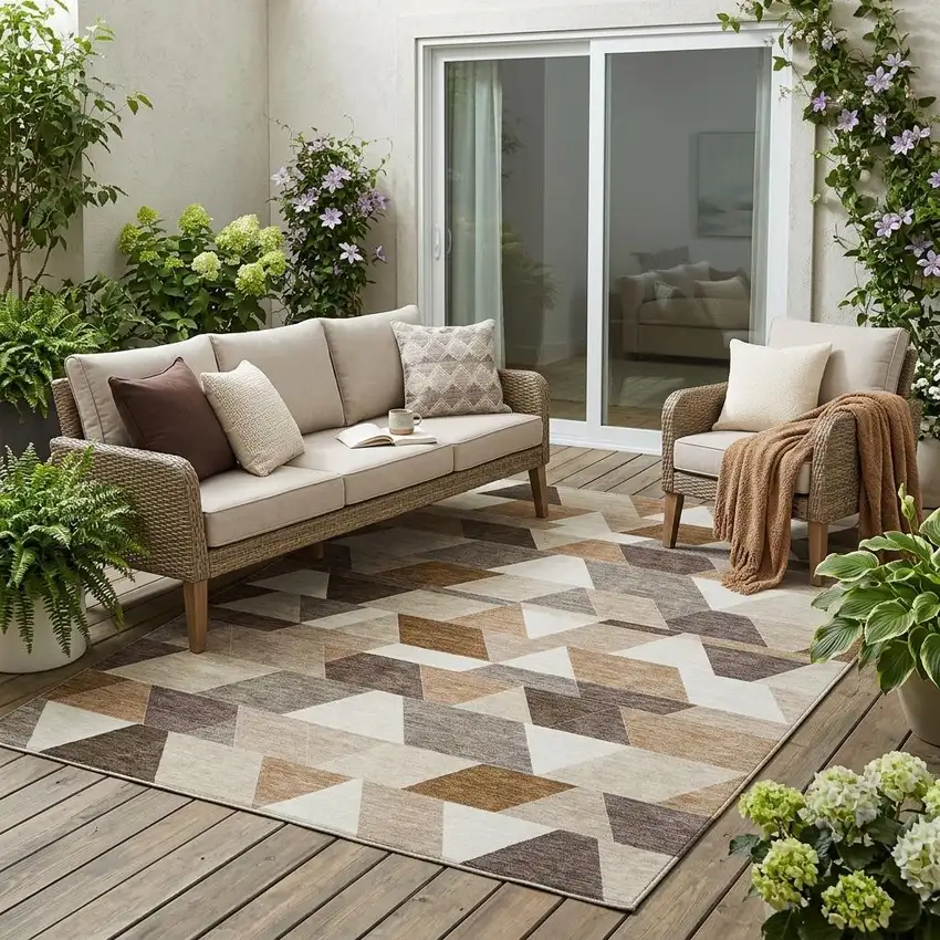 Ivory And Beige Geometric Washable Indoor Outdoor Area Rug Photo 1