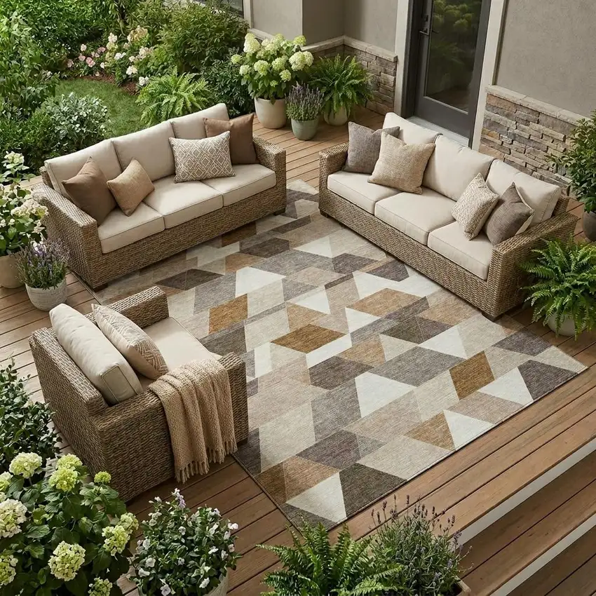 Ivory And Beige Geometric Washable Indoor Outdoor Area Rug Photo 1