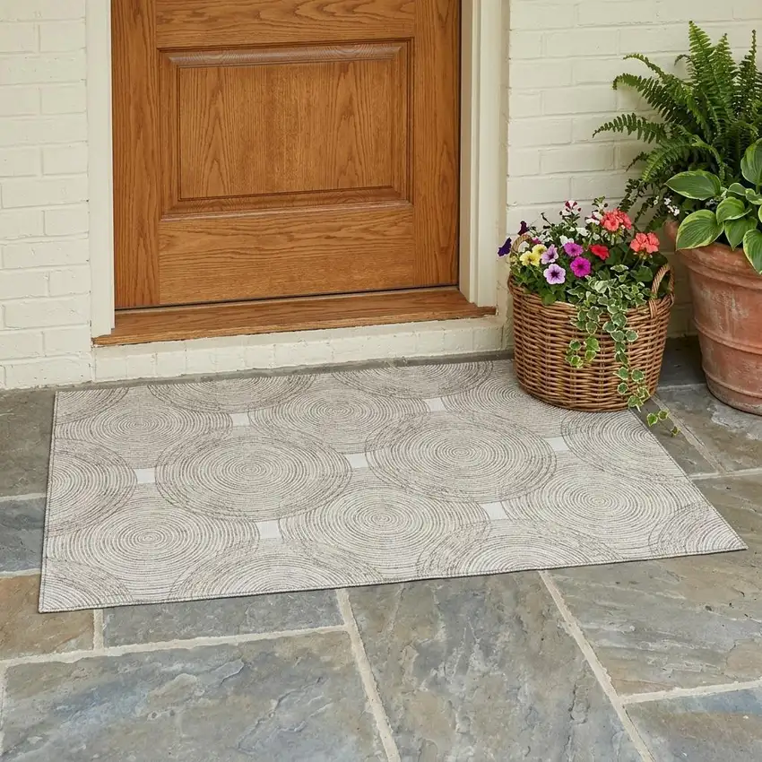 Ivory And Beige Geometric Washable Indoor Outdoor Area Rug Photo 1