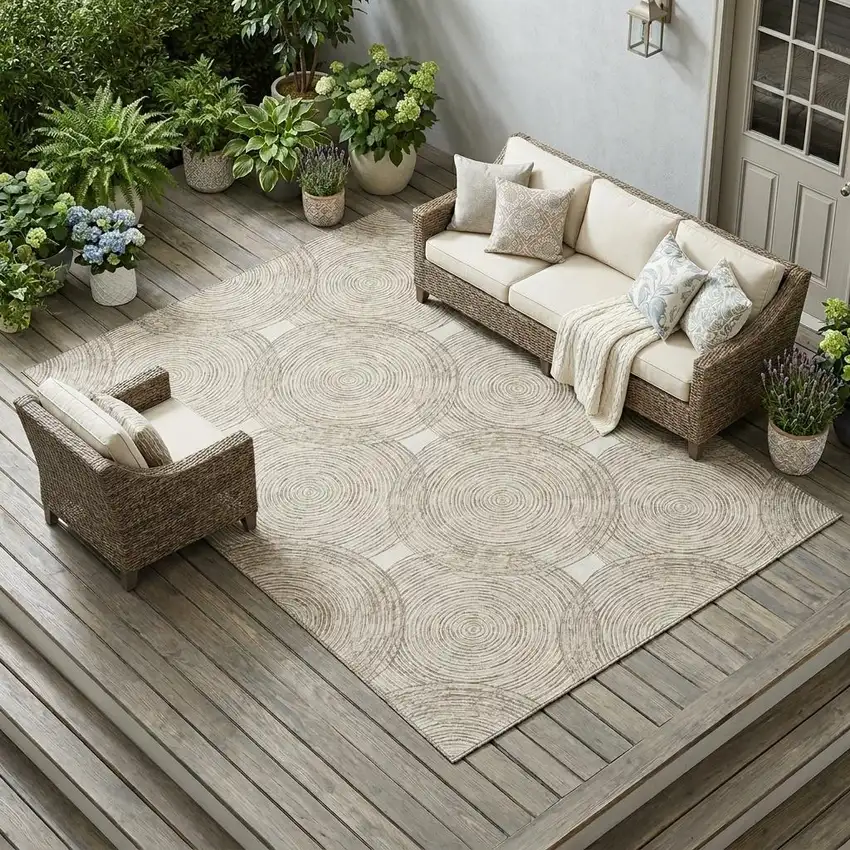 Ivory And Beige Geometric Washable Indoor Outdoor Area Rug Photo 1