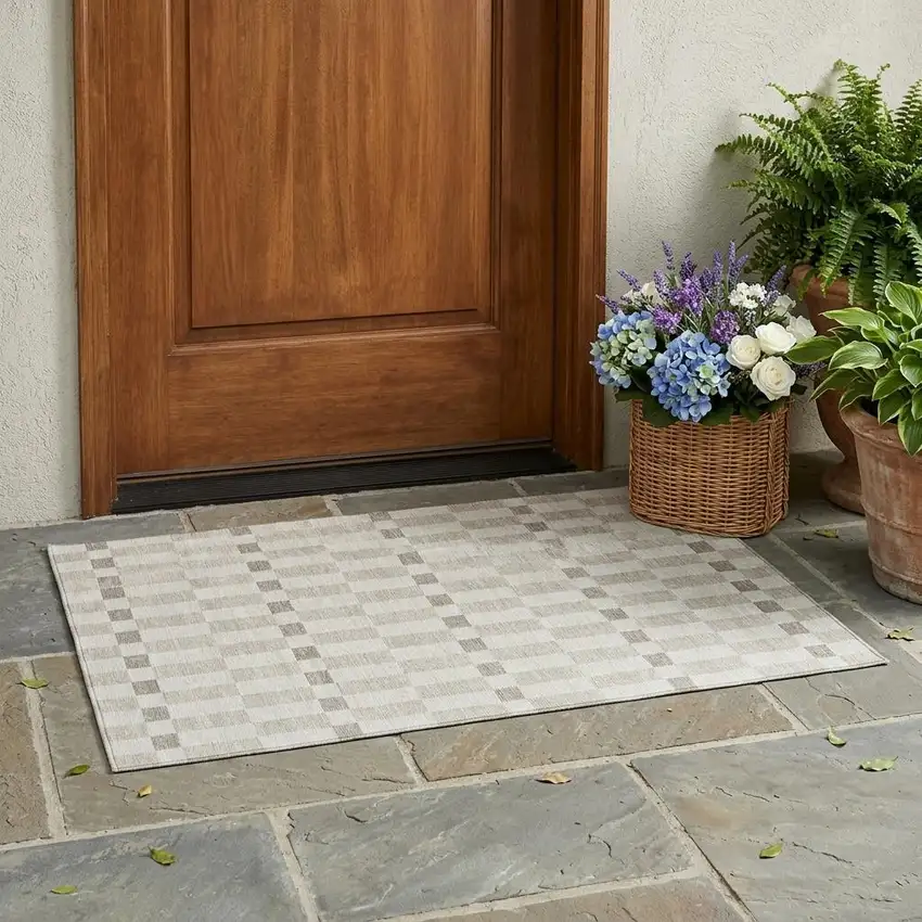 Ivory And Beige Geometric Washable Indoor Outdoor Area Rug Photo 1
