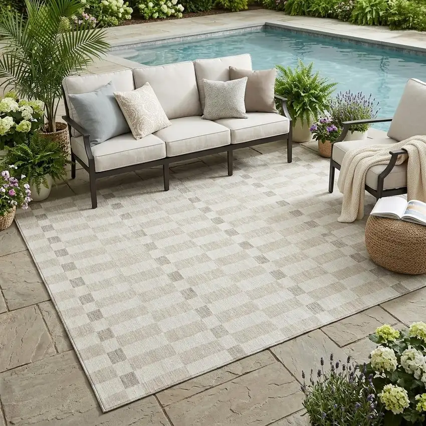 Ivory And Beige Geometric Washable Indoor Outdoor Area Rug Photo 1
