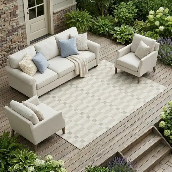 Ivory And Beige Geometric Washable Indoor Outdoor Area Rug Photo 1