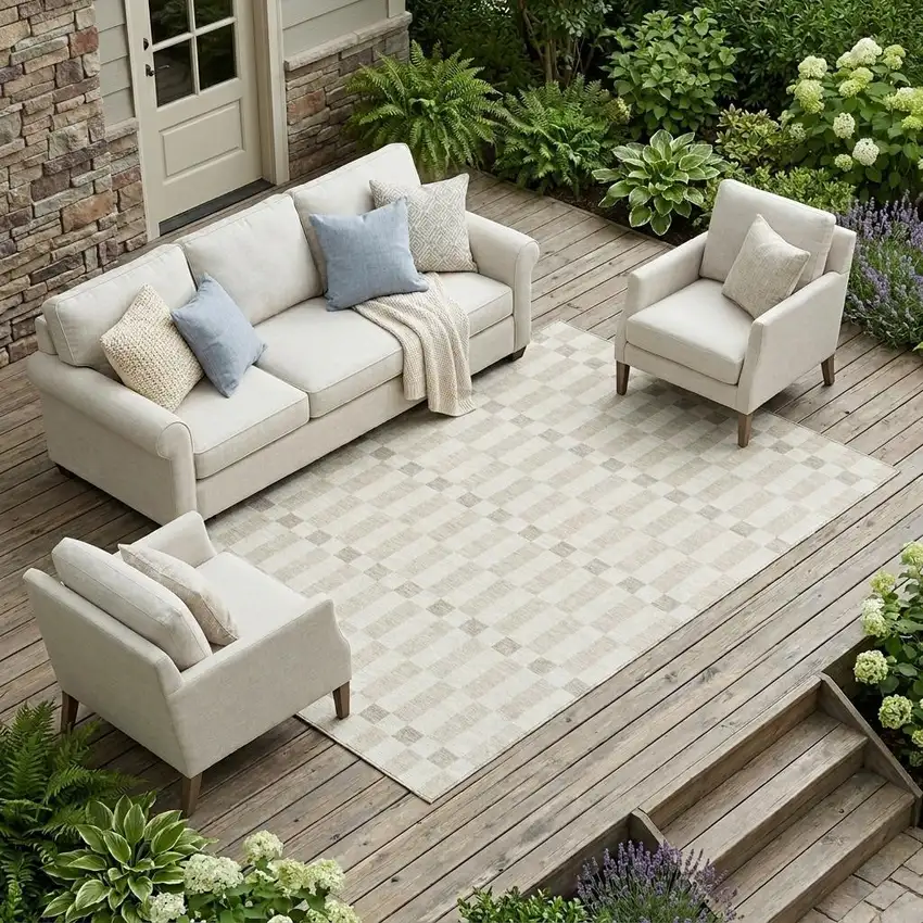 Ivory And Beige Geometric Washable Indoor Outdoor Area Rug Photo 1