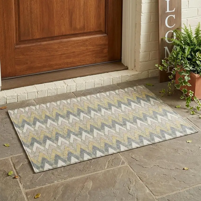 Ivory And Beige Geometric Washable Indoor Outdoor Area Rug Photo 1