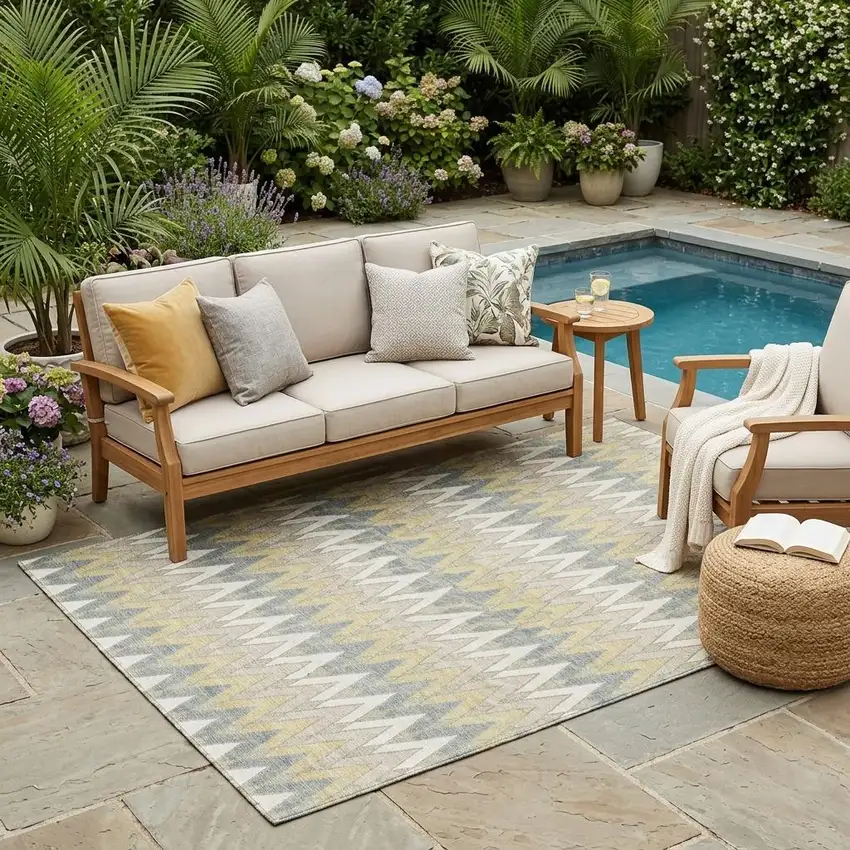 Ivory And Beige Geometric Washable Indoor Outdoor Area Rug Photo 1
