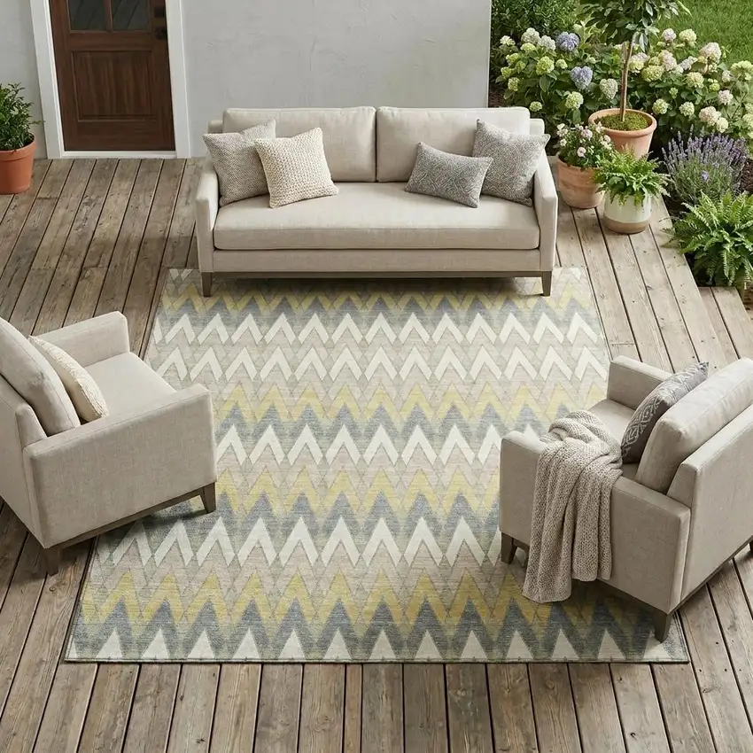 Ivory And Beige Geometric Washable Indoor Outdoor Area Rug Photo 1