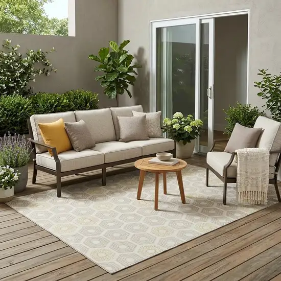 Ivory And Beige Geometric Washable Indoor Outdoor Area Rug Photo 1
