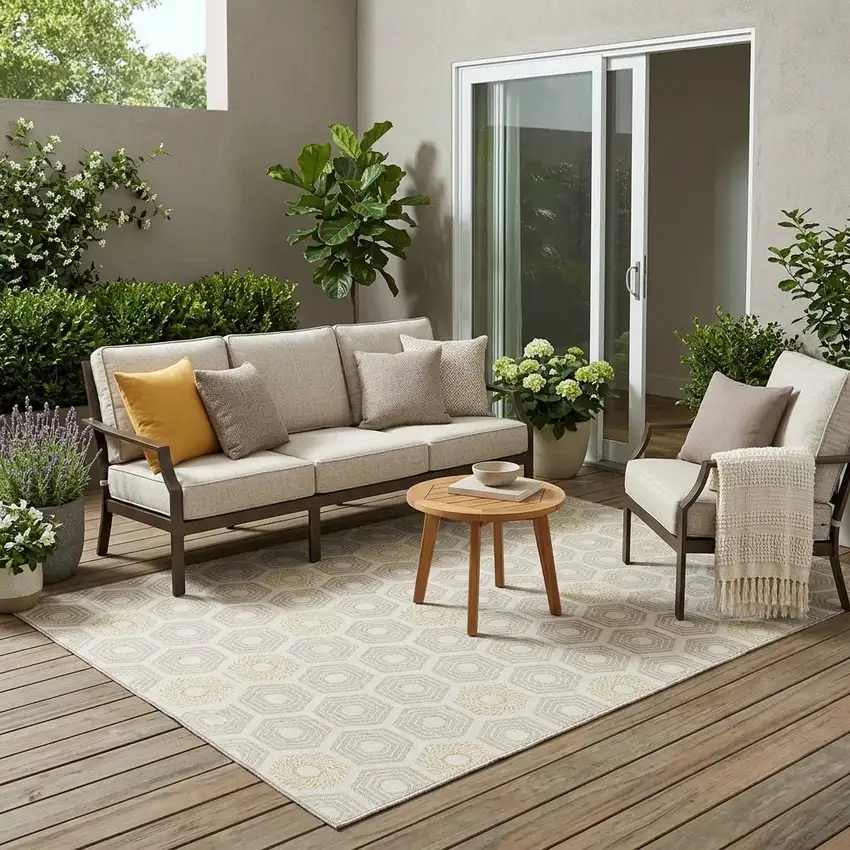 Ivory And Beige Geometric Washable Indoor Outdoor Area Rug Photo 1