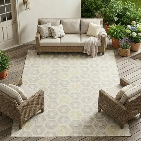 Ivory And Beige Geometric Washable Indoor Outdoor Area Rug Photo 1