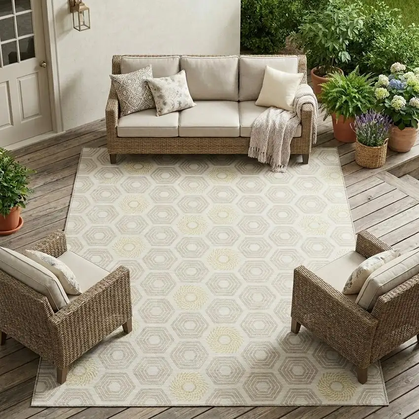Ivory And Beige Geometric Washable Indoor Outdoor Area Rug Photo 1