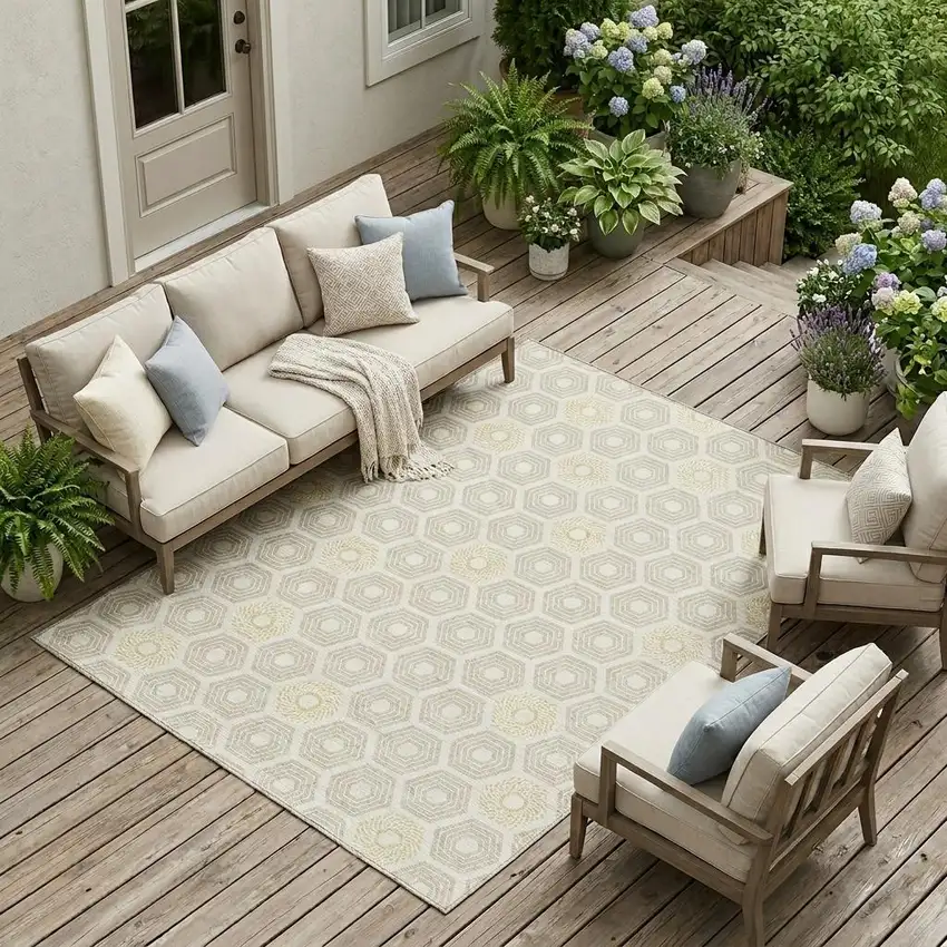 Ivory And Beige Geometric Washable Indoor Outdoor Area Rug Photo 1