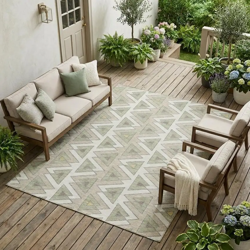 Ivory And Beige Geometric Washable Indoor Outdoor Area Rug Photo 1