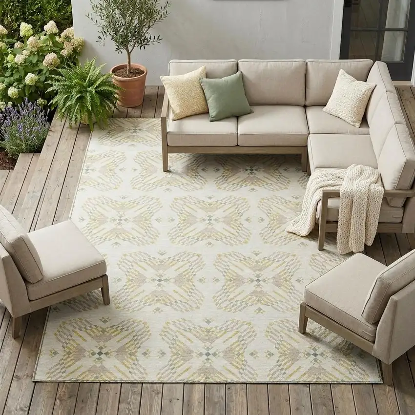 Ivory And Beige Geometric Washable Indoor Outdoor Area Rug Photo 1