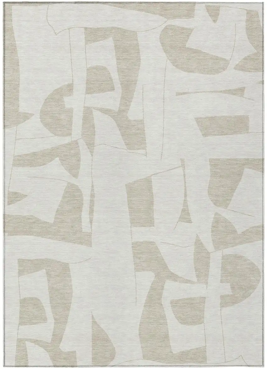 Ivory And Beige Geometric Washable Indoor Outdoor Area Rug Photo 1