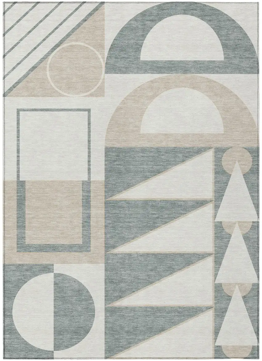 Ivory And Beige Geometric Washable Indoor Outdoor Area Rug Photo 1
