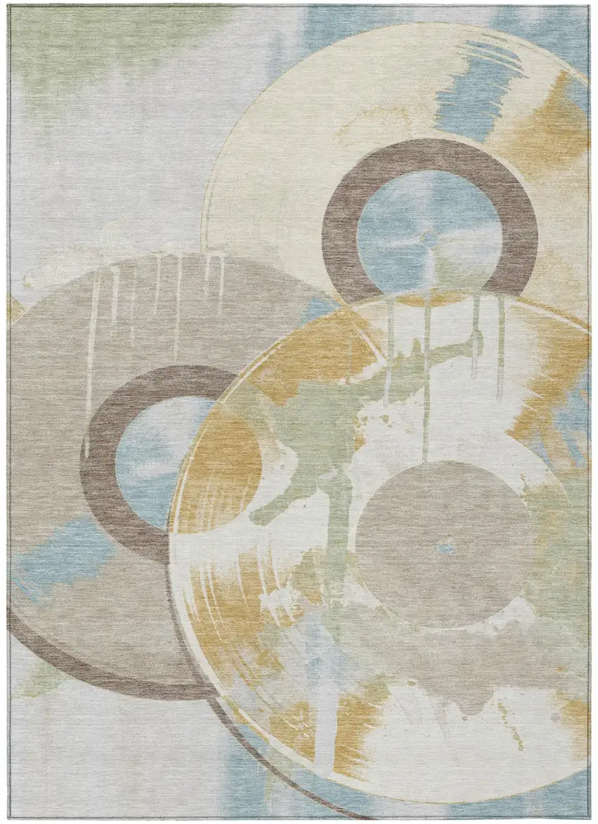Ivory And Beige Geometric Washable Indoor Outdoor Area Rug Photo 1